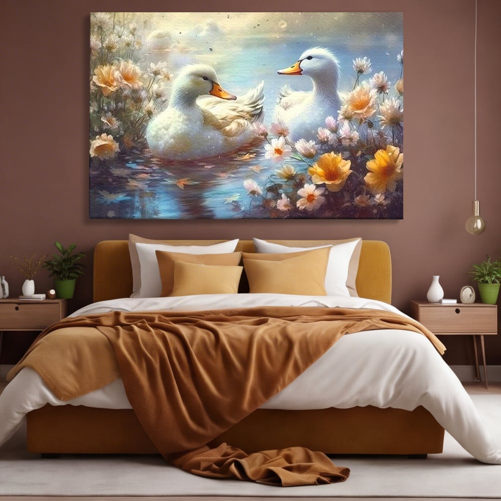 Tablou canvas cu tablou canvas cu rate pe lac, fara rama, pe sasiu de lemn, pe perete intr-un dormitor